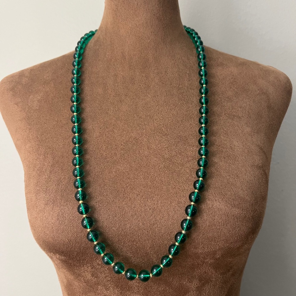 Vintage Emerald Green Acrylic Round Bead Necklace 30 Inch Long Chain Cottagecore